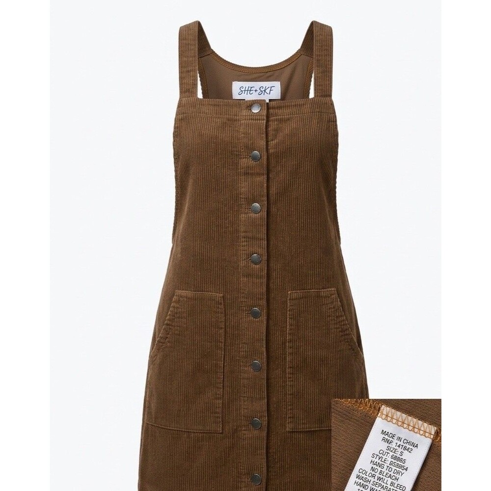 SHE + SKI Corduroy Overall Dress Brown Mini Pinafore Pocket Button Front Size S